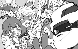Rule 34 | 1boy, 3girls, @ @, ahoge, arms (game), bad id, bad twitter id, beanie, blunt bangs, bowl, domino mask, greyscale, hat, helmet, highres, kid cobra, looking at another, looking at viewer, mask, mechanica (arms), min min (arms), monochrome, multiple girls, photobomb, ribbon girl (arms), selfie, sweat, upper body, uzura3026, v