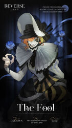 Rule 34 | 1other, ambiguous gender, arm behind back, black headwear, blue background, blue flower, blue rose, character name, clown mask, copyright name, cowboy shot, curtains, english text, flower, grin, hair over one eye, hand up, highres, holding, holding flower, jester, juliet sleeves, logo, long sleeves, mask, neck ruff, official art, orange hair, pants under shorts, puffy shorts, puffy sleeves, reverse:1999, rose, shirt, shorts, smile, spotlight, the fool (reverse:1999), white mask, white shirt