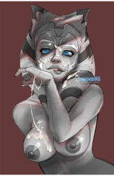 Rule 34 | 1girl, ahsoka tano, animification, arm behind back, biting own lip, blue eyes, breasts, brown background, cum, cum on body, cum on breasts, cum on hands, cum on upper body, facial, facial tattoo, female focus, greyscale, hardmode nrg, hardmodenrg, lips, looking at viewer, monochrome, nipples, nude, ringed eyes, simple background, solo, star wars, star wars: the clone wars, tattoo, teeth, tentacle hair, togruta, upper body