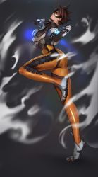 Rule 34 | 1girl, ass, bodysuit, bomber jacket, brown hair, dual wielding, goggles, highres, holding, jacket, light smile, lips, long legs, overwatch, overwatch 1, parted lips, short hair, since, smoke, solo, spiked hair, thighs, tracer (overwatch)