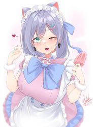 Rule 34 | ;d, absurdres, apron, blue bow, blue bowtie, bow, bowtie, breasts, cat girl, commentary, english commentary, food, hair ornament, hairclip, heart, highres, hiiragi emuri, large breasts, maid headdress, mythic live, natch imaycz, one eye closed, open mouth, popsicle, signature, simple background, smile, virtual youtuber, waist apron, white apron, white background, wrist cuffs