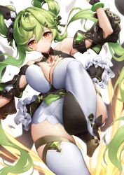 Rule 34 | 1girl, ai-chan (chrono navi) (honkai impact), ai-chan (honkai impact), armor, armored boots, armored dress, armpits, bad anatomy, barcode, barcode tattoo, bare shoulders, black gloves, boots, breasts, cleavage, cleavage cutout, closed mouth, clothing cutout, gloves, green hair, hair ornament, headband, high heels, highres, honkai (series), honkai impact 3rd, large breasts, leaning forward, long hair, looking at viewer, orange eyes, simple background, smile, solo, tattoo, thighs, twintails, white background, xfate