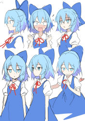 Rule 34 | 1girl, blue bow, blue dress, blue eyes, blue hair, blush, bow, cirno, closed mouth, collared shirt, dress, e.o., fairy, hair between eyes, hair bow, heart, highres, multiple views, open mouth, puffy short sleeves, puffy sleeves, shirt, short hair, short sleeves, simple background, sketch, smile, touhou, white background, white shirt