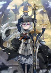 Rule 34 | 1girl, armor, balance scale, black undershirt, blue dress, blue gemstone, blue thighhighs, closed mouth, collared dress, corset, cowboy shot, cuisses, dress, embers, faulds, fujishiro kazuha, furrowed brow, gauntlets, gem, greatsword, grey hair, hair between eyes, hair ornament, hand up, highres, holding, holding sword, holding weapon, juliet sleeves, justice (tarot), long sleeves, looking at viewer, multicolored eyes, neck ribbon, open hand, orange ribbon, original, pillar, pleated dress, ponytail, puffy sleeves, purple eyes, ribbon, ruins, serious, single gauntlet, sleeves past wrists, solo, standing, straight-on, sword, tarot, thighhighs, turtleneck, undershirt, waist cape, weapon, weighing scale, yellow eyes