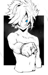 Rule 34 | 1boy, absurdres, bandages, bandaged hand, bandages, blue eyes, clenched hand, closed mouth, cropped torso, euros (niwarhythm), eye focus, hair over one eye, highres, looking at viewer, male focus, navel, niwarhythm, one eye covered, original, topless male, short hair, smile, solo, spot color, upper body