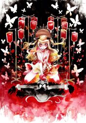 Rule 34 | 1girl, apple, between legs, black background, black ribbon, blonde hair, blood, blood bag, blush, bug, butterfly, chain, different reflection, dress, food, fruit, gradient background, hair between eyes, hand between legs, highres, holding, holding food, holding fruit, insect, iv stand, kurage nanami, long hair, looking at viewer, original, outstretched arms, painting (medium), red background, red eyes, reflection, ribbon, scar, scar on chest, sidelocks, sitting, solo, spread arms, sun, traditional media, twintails, very long hair, wariza, watercolor (medium), white dress