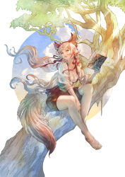 Rule 34 | 1girl, absurdres, animal ears, barefoot, blue eyes, book, breasts, brown shorts, cat girl, cleavage, commission, floating hair, hair ribbon, hand on own leg, hand up, highres, holding, holding book, in tree, long hair, looking at viewer, medium breasts, original, parted lips, red ribbon, ribbon, see-through, see-through shirt, shirt, shorts, shukei, sitting, sitting in tree, skeb commission, solo, tail, tree, white shirt