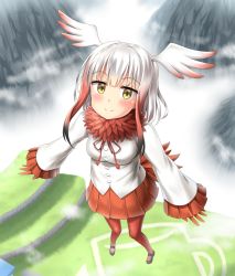 Rule 34 | 10s, 1girl, coat, flying, gradient hair, head wings, japanese crested ibis (kemono friends), kemono friends, looking at viewer, mary janes, multicolored hair, nedia (nedia region), pantyhose, pleated skirt, red pantyhose, shoes, short hair, short hair with long locks, skirt, smile, solo, wings, winter clothes, winter coat, yellow eyes