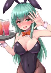 Rule 34 | 1girl, absurdres, alternate costume, animal ears, aqua eyes, aqua hair, black leotard, black pantyhose, blush, bow, bowtie, breasts, cleavage, covered navel, detached collar, fake animal ears, glass, hair ornament, hairclip, half-closed eyes, highres, kantai collection, kihou no gotoku dmc, large breasts, leotard, long hair, looking at viewer, open mouth, pantyhose, playboy bunny, rabbit ears, red bow, red bowtie, round teeth, simple background, smile, solo, strapless, strapless leotard, suzuya (kancolle), teeth, tray, upper teeth only, white background, wrist cuffs