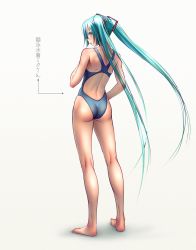 Rule 34 | 1girl, aqua hair, aqua nails, arrow (symbol), ass, back, backless outfit, bare legs, bare shoulders, barefoot, blush, competition swimsuit, feet, full body, hatsune miku, legs, long hair, long legs, looking back, nail polish, one-piece swimsuit, simple background, solo, standing, swimsuit, thighs, toenail polish, toenails, toes, translated, twintails, very long hair, vocaloid, white background, wokada