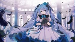Rule 34 | 1girl, black bow, black feathers, black gloves, blue bow, blue eyes, blue flower, blue hair, blue rose, book, bow, closed mouth, commentary, coria, dress, eyebrows hidden by hair, feathers, flower, gloves, hair bow, hair flower, hair ornament, hatsune miku, highres, holding, holding book, indoors, long hair, looking at viewer, pillar, pleated dress, rose, short sleeves, solo, symbol-only commentary, twintails, v-shaped eyebrows, very long hair, vocaloid, white dress, window