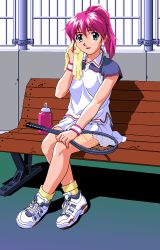 Rule 34 | 1girl, 4bpp, bench, female focus, game cg, green eyes, looking at viewer, mahjong sports line, pc-98 (style), pc98, pink hair, ponytail, purple hair, racket, shoes, sitting, sneakers, solo, sportswear, sweat, tennis, tennis racket, tennis uniform, towel, wiping face, wristband