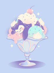 Rule 34 | blue background, blush stickers, cherry, creature, creatures (company), cuhelski, cup, closed eyes, food, food focus, fruit, game freak, gen 1 pokemon, ice cream, nintendo, no humans, pokemon, pokemon (creature), simple background, sleeping, snorlax, solo, sparkle, sundae, tongue, tongue out