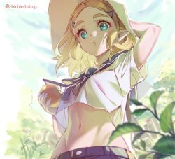 Rule 34 | 1girl, :o, alternate costume, apple, aqua eyes, arm behind head, arm up, black ribbon, blue sky, breasts, crop top, crop top overhang, day, food, forehead, from below, fruit, groin, hair ornament, hairclip, hat, holding, holding food, holding fruit, leaf, looking at viewer, looking down, medium breasts, midriff, navel, neck ribbon, nintendo, outdoors, parted bangs, parted lips, pointy ears, princess zelda, ribbon, sailor collar, shirt, short sleeves, shuri (84k), sky, solo, stomach, sun hat, the legend of zelda, the legend of zelda: breath of the wild, the legend of zelda: tears of the kingdom, thick eyebrows, twitter username, upper body, white hat, white shirt
