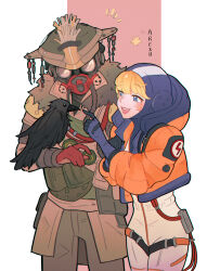 Rule 34 | 1girl, 1other, absurdres, ambiguous gender, animification, apex legends, arexu, blonde hair, bloodhound (apex legends), blue bodysuit, blue eyes, bodysuit, brown jacket, brown pants, cable, commentary, english commentary, facial scar, goggles, helmet, highres, hood, hood down, hood up, hooded bodysuit, hooded jacket, jacket, lightning bolt symbol, open mouth, orange jacket, pants, rebreather, scar, scar on cheek, scar on face, smile, wattson (apex legends), white bodysuit