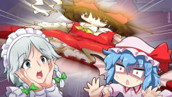 Rule 34 | 3girls, ascot, blue hair, bow, braid, brown hair, constricted pupils, embodiment of scarlet devil, emphasis lines, gloom (expression), gohei, green bow, grey eyes, grey hair, hair bow, hakurei reimu, hat, hat bow, izayoi sakuya, maid headdress, mob cap, multiple girls, open mouth, rakkidei, red eyes, red shirt, red skirt, remilia scarlet, shaded face, shirt, sitting, skirt, surprised, sweatdrop, touhou, triangle mouth, twin braids, white shirt, wings, yellow ascot