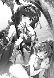 Rule 34 | 2girls, ahoge, bare shoulders, blush, bottomless, breasts, breasts out, collarbone, covering breasts, covering one breast, covering own mouth, covering privates, detached sleeves, embarrassed, greyscale, hair between eyes, hair ornament, hairband, hand over own mouth, high ponytail, highres, holding, holding scythe, long hair, long sleeves, looking at viewer, ludmila lourie, madan no ou to vanadis, medium breasts, miyatsuki itsuka, monochrome, multiple girls, novel illustration, official art, open mouth, outdoors, scythe, small breasts, white sleeves
