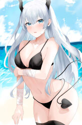Rule 34 | 1girl, absurdres, bandaged arm, bandages, beach, bikini, black bikini, black thighhighs, blue eyes, breasts, cleavage, collarbone, commentary request, demon girl, demon horns, demon tail, grey hair, highres, holding own arm, horns, large breasts, long hair, looking at viewer, navel, ocean, onemuikun-b, original, outdoors, parted lips, shadow, solo, standing, summer, swimsuit, tail, thighhighs