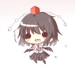 Rule 34 | 1girl, :d, black hair, black wings, camera, chibi, fang, feathered wings, full body, gaius (nikoniko2), hat, holding, looking at viewer, open mouth, shameimaru aya, short hair, smile, solid circle eyes, solo, tokin hat, touhou, translation request, wings