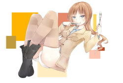 Rule 34 | 1girl, amai nekuta, ankle boots, black footwear, blue eyes, boots, brown thighhighs, dress shirt, fork, highres, holding, knife, long hair, long sleeves, military, military uniform, orange hair, panties, patricia schade, shirt, smile, solo, strike witches, striped clothes, striped thighhighs, thighhighs, underwear, uniform, white panties, world witches series