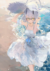 1girl absurdres armband bare_shoulders bespectacled black-framed_eyewear blue_archive breasts closed_mouth cloud commentary_request demon_horns dress frilled_armband frills from_below glasses halo hat high_heels highres holding holding_shoes horns ichika_(ichika87) looking_at_viewer outdoors sena_(blue_archive) shoes short_hair sky sleeveless sleeveless_dress solo thighs white_armband white_dress