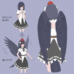 1girl :d back_cutout belt bird_wings black_hair black_ribbon black_skirt black_wings breasts brown_belt buttoning channel_ikihaji closed_mouth clothing_cutout commentary_request dressing feathered_wings frilled_skirt frills grey_background hat highres multiple_views navel open_mouth pointy_ears pom_pom_(clothes) puffy_short_sleeves puffy_sleeves red_eyes red_hat ribbon shameimaru_aya shirt short_sleeves simple_background skirt small_breasts smile tokin_hat touhou translation_request upper_body white_shirt wings