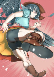 Rule 34 | 1girl, ass, bike shorts, black hair, black wings, boots, breasts, commentary request, cowboy hat, feathers, hat, highres, kicking, incoming kick, kurokoma saki, long hair, looking at viewer, looking back, medium breasts, motion blur, muscular, muscular female, nail polish, nekobatake, ponytail, pov, puffy short sleeves, puffy sleeves, red eyes, scarf, short sleeves, solo, speed lines, touhou, wings