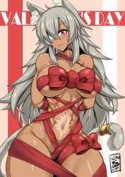 Rule 34 | 1girl, absurdres, animal ears, arms behind back, bare shoulders, blush, breasts, cameltoe, closed mouth, cowboy shot, dark-skinned female, dark skin, eyepatch, female focus, ghislaine dedoldia, hair over one eye, highres, large breasts, long hair, looking at viewer, monster girl, multicolored background, mushoku tensei, naked ribbon, navel, pink background, red background, red eyes, ribbon, scarf, silver hair, solo, standing, tail, valentine, virusotaku, white background, wolf ears