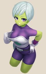 Rule 34 | 10s, 1girl, armor, belt, belt buckle, black belt, bodysuit, breasts, brown background, buckle, cheelai, clothes pull, colored skin, commentary request, covered collarbone, cropped legs, curvy, dragon ball, dragon ball super, dragon ball super broly, female focus, from above, gloves, green skin, grin, hand on own hip, highres, looking at viewer, medium breasts, purple bodysuit, purple eyes, ranma (kamenrideroz), shirt pull, short hair, simple background, smile, solo, standing, uniform, very short hair, white gloves, white hair