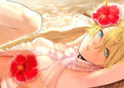 Rule 34 | 1girl, armpits, beach, blonde hair, blue eyes, flat chest, flower, kito (coyo), solo, sunset, thighhighs, water