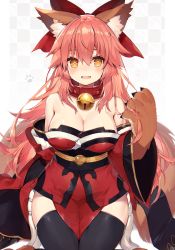 Rule 34 | 1girl, :d, animal ears, animal hands, bare shoulders, bell, black thighhighs, blush, breasts, bright pupils, checkered background, cleavage, collar, detached sleeves, fang, fate/grand order, fate (series), fox ears, fox girl, fox tail, gloves, japanese clothes, jingle bell, kimono, large breasts, long hair, long sleeves, looking at viewer, muryotaro, neck bell, obi, open mouth, orange eyes, paw gloves, pink hair, red kimono, ringed eyes, sash, sidelocks, skin fang, smile, solo, tail, tamamo (fate), tamamo cat (fate), thighhighs, very long hair, wide sleeves