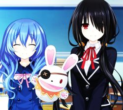 Rule 34 | 10s, 2girls, ^ ^, black hair, blazer, blue hair, blurry, breasts, buttons, chalkboard, classroom, closed eyes, closed mouth, collared shirt, cropped, date a live, date a live: arusu install, depth of field, desk, double-breasted, eyebrows, eyepatch, eyes visible through hair, flat chest, foreshortening, frills, game cg, gradient background, hair between eyes, hair ornament, hair over one eye, hair over shoulder, hair scrunchie, hand puppet, happy, height difference, heterochromia, indoors, jacket, light smile, long hair, long sleeves, low twintails, medium breasts, multiple girls, neck ribbon, outstretched arm, pink ribbon, puppet, red eyes, red ribbon, ribbon, school, school desk, school uniform, scrunchie, shirt, smile, standing, striped, striped background, stuffed animal, stuffed rabbit, stuffed toy, tokisaki kurumi, tsunako, twintails, upper body, v arms, very long hair, wavy hair, yellow eyes, yoshino (date a live), yoshinon