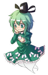 Rule 34 | 1girl, absurdres, blush, chibi, dress, eating, ghost, ghost tail, green dress, green eyes, green hair, hand on own cheek, hand on own face, hat, highres, japanese clothes, juliet sleeves, koissa, long sleeves, matching hair/eyes, puffy sleeves, radish, smile, soga no tojiko, solo, tate eboshi, touhou, white background