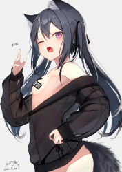 Rule 34 | 1girl, animal ear fluff, animal ears, bare shoulders, black hair, black jacket, black panties, black ribbon, breasts, commentary request, dated, english text, fang, grey background, hair between eyes, hair ribbon, hand up, highres, jacket, long hair, long sleeves, looking at viewer, mayogii, no bra, off shoulder, one eye closed, open clothes, open jacket, open mouth, original, panties, puffy long sleeves, puffy sleeves, purple eyes, ribbon, see-through, side-tie panties, signature, simple background, sleeves past wrists, small breasts, solo, tail, translation request, twintails, underwear, very long hair, wavy mouth