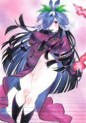 Rule 34 | 1girl, absurdres, arim0k0, black footwear, black gloves, black hair, blush, breasts, china dress, chinese clothes, commentary, covered navel, dress, feet out of frame, fire, flower, flower on head, gloves, highres, large breasts, long hair, looking at viewer, marker (medium), multicolored background, no panties, pink background, purple eyes, short sleeves, solo, thighs, touhou, traditional media, yomotsu hisami