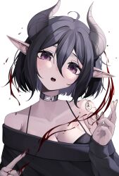 Rule 34 | 1girl, ahoge, arm tattoo, black camisole, blood, breasts, camisole, choker, hair between eyes, highres, hiroside, horns, looking at viewer, medium breasts, off-shoulder sweater, off shoulder, open mouth, original, pointy ears, purple eyes, short hair, solo, sweater, tattoo, upper body, white background