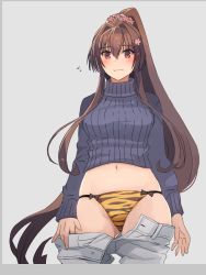 Rule 34 | 1girl, alternate costume, animal print, black sweater, brown eyes, brown hair, cherry blossoms, chinese zodiac, commentary request, cowboy shot, female focus, flower, grey background, hair flower, hair ornament, kantai collection, kasumi (skchkko), long hair, matching hair/eyes, navel, panties, ponytail, ribbed sweater, simple background, solo, sweater, tiger print, underwear, undressing, white panties, yamato (kancolle), year of the tiger, yellow panties