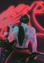 Rule 34 | 1boy, artist name, back, black headwear, chinese text, copyright name, helmet, jaxx s2, jin cheong-woo, motorcycle helmet, muscular, muscular male, neon lights, on motorcycle, pants, scar, scar on back, solo, topless male, traditional chinese text, under the greenlight