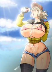 Rule 34 | 10s, 1girl, artist name, bikini, bikini top only, black legwear, blonde hair, bottle, breasts, cidney aurum, cloud, collar, curvy, denim, denim shorts, devil-v, covered erect nipples, final fantasy, final fantasy xv, goggles, green eyes, hat, highres, huge breasts, jacket, legs, light rays, looking at viewer, midriff, open mouth, panties, pink panties, pouring, short hair, short shorts, shorts, sky, sunbeam, sunlight, swimsuit, thigh gap, thighs, tongue, tongue out, underwear, unzipped, water, water bottle, yellow eyes