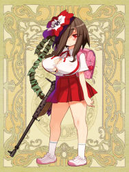 Rule 34 | 1girl, backpack, bag, breasts, brown hair, bursting breasts, character request, flower, full body, gun, hair flower, hair ornament, hair over one eye, jitome, large breasts, miniskirt, non-web source, official art, petite, pleated skirt, psychic hearts, randoseru, red eyes, rifle, ryoji (nomura ryouji), shoes, short sleeves, skirt, sneakers, solo, standing, suspenders, weapon