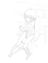Rule 34 | 1girl, bare legs, bare shoulders, barefoot, between legs, blush, chair, closed mouth, covering privates, covering crotch, doremi, embarrassed, greyscale, hand between legs, handheld game console, highres, holding, indoors, looking at viewer, monochrome, naked shirt, office chair, original, playstation portable, shirt, short hair, sitting, sleeveless, sleeveless shirt, solo, swivel chair, unfinished