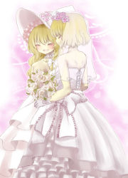 Rule 34 | 2girls, a line gown, alice margatroid, alternate color, bare shoulders, bouquet, choker, corset, dress, closed eyes, female focus, flower, gown, grin, hair flower, hair ornament, highres, jewelry, kirisame marisa, knora, multiple girls, necklace, no nose, pink flower, pink rose, rose, smile, star (symbol), touhou, veil, wedding, wedding dress, white dress, white flower, white rose, wife and wife, yuri