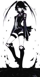 Rule 34 | 1girl, belt, boots, d.gray-man, head tilt, high heel boots, high heels, lenalee lee, loalo, long hair, monochrome, popped collar, shorts, simple background, solo, thigh strap, thighhighs, twintails, zipper