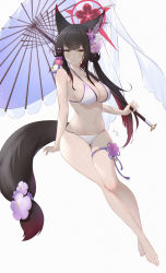 Rule 34 | absurdres, animal ear fluff, animal ears, asymmetrical bangs, barefoot, bikini, black hair, blue archive, blunt ends, bow, breasts, colored inner hair, dongye1551, fox ears, fox tail, highres, large breasts, multicolored hair, navel, red hair, swimsuit, tail, tail bow, tail ornament, thigh strap, thighs, two-tone hair, umbrella, wakamo (blue archive), wakamo (swimsuit) (blue archive), white background, white bikini, yellow eyes