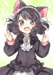 1girl :d animal_ears bell black_bow black_bowtie black_hair black_jacket black_skirt blush bow bowtie cat_ears clenched_hands cowboy_shot cyan_(show_by_rock!!) drill_hair fang frilled_hairband frilled_jacket frills grey_eyes hairband hands_up jacket long_sleeves looking_at_viewer miya_(tsumazukanai) neck_bell open_mouth short_hair show_by_rock!! simple_background skin_fang skirt smile solo twin_drills white_background