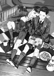 Rule 34 | 2boys, ankle socks, book, child, closed eyes, closed mouth, coat, collared coat, collared shirt, cookie, cup, food, full body, greyscale, highres, hip flask, holding, holding book, indoors, jaddddan, knee up, leaning on person, long sleeves, looking at viewer, male focus, monochrome, mug, multiple boys, necktie, original, oxfords, plaid, plaid vest, school uniform, shirt, short hair, shorts, smile, socks, solo, tea, teacup, teapot, very short hair, vest