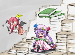 Rule 34 | &gt;:o, 2girls, :o, ^^^, absurdres, bat wings, book, bow, commentary request, crescent, dress, dress shirt, falling, flying, grey background, hair between eyes, hair ribbon, hat, hat bow, head wings, highres, holding, holding book, koa (phrase), koakuma, long hair, long sleeves, looking at another, low-tied long hair, mob cap, multiple girls, o o, open book, patchouli knowledge, purple dress, purple eyes, purple hair, reading, red hair, ribbon, shinapuu, shirt, simple background, sitting, skirt, skirt set, striped clothes, striped dress, too many, too many books, touhou, tress ribbon, turning head, v-shaped eyebrows, very long hair, vest, white shirt, wings