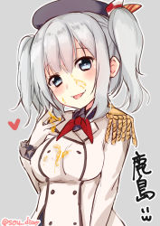Rule 34 | 1girl, beret, blush, breasts, grey background, grey hair, hair between eyes, hat, heart, heart-shaped pupils, heart in eye, honey, jacket, kantai collection, kashima (kancolle), long hair, looking at viewer, medium breasts, military, military jacket, military uniform, simple background, smile, solo, sou (soutennkouchi), symbol-shaped pupils, symbol in eye, tongue, tongue out, twintails, uniform