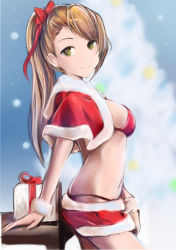 Rule 34 | 10s, 1girl, alternate costume, beatrix (granblue fantasy), box, breasts, brown eyes, brown hair, capelet, closed mouth, commentary request, eyebrows, from side, fur trim, gift, gift box, granblue fantasy, hair ribbon, long hair, looking at viewer, looking to the side, matching hair/eyes, medium breasts, nannacy7, navel, ponytail, ribbon, santa costume, sideboob, smile, solo, standing, wrist cuffs