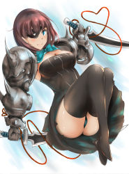 Rule 34 | 1girl, amazora (terra battle), aqua eyes, bad id, bad pixiv id, black thighhighs, blush, bow, breasts, brown hair, cameltoe, cleavage, dagger, dual wielding, eyepatch, heart, heart-shaped pupils, highres, holding, knife, looking at viewer, mth43, panties, reverse grip, ribbon, shiny skin, short hair, sitting, sketch, skirt, smile, solo, symbol-shaped pupils, terra battle, thighhighs, underwear, weapon
